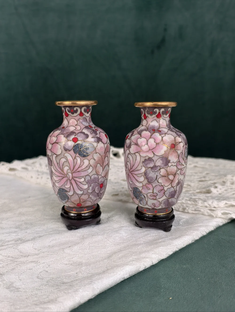 Vintage Cloisonné Floral Mini Pink Vases pair - Picture 2 of 5